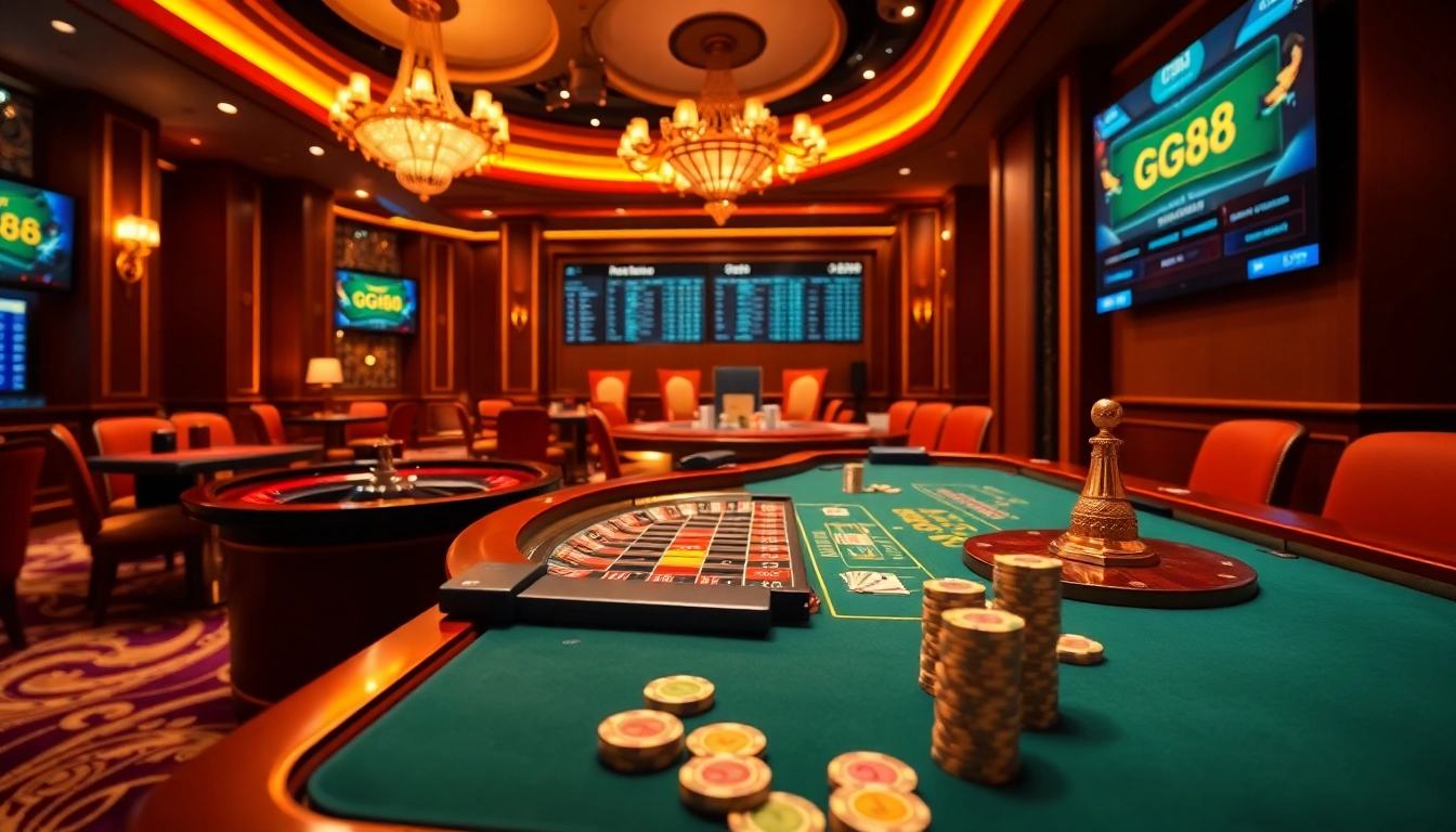 GG88 online casino scene featuring roulette and poker in a luxurious setting.