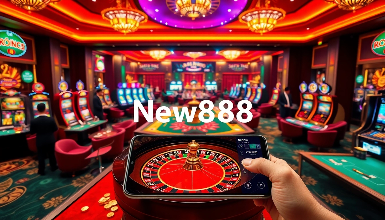 Experience the thrill of New888 as players roll dice and spin slots in a vibrant casino.