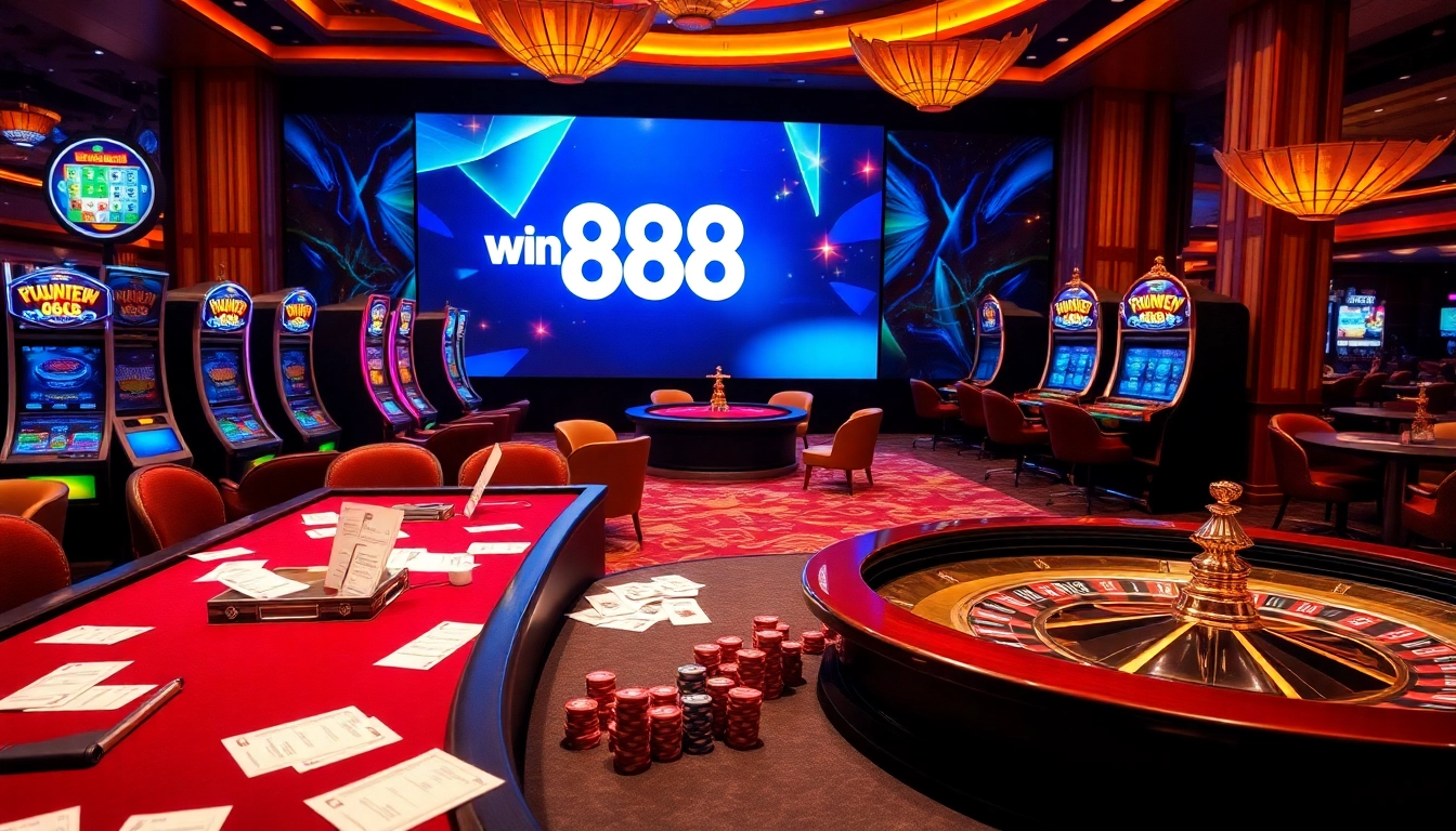 Experience the thrill of win 888 casino with this immersive gaming scene featuring vibrant slot machines and poker tables.