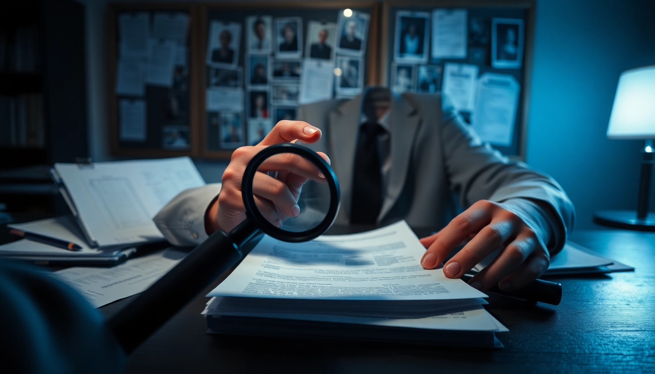 Investigator analyzing documents related to insurance fraud investigations with focused intensity.
