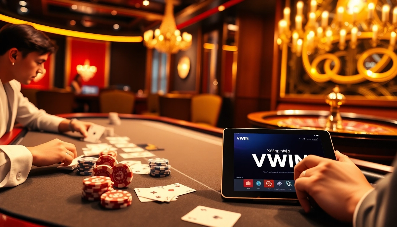 Engage in thrilling online betting with đăng nhập VWIN on your tablet, surrounded by poker chips and a roulette wheel.
