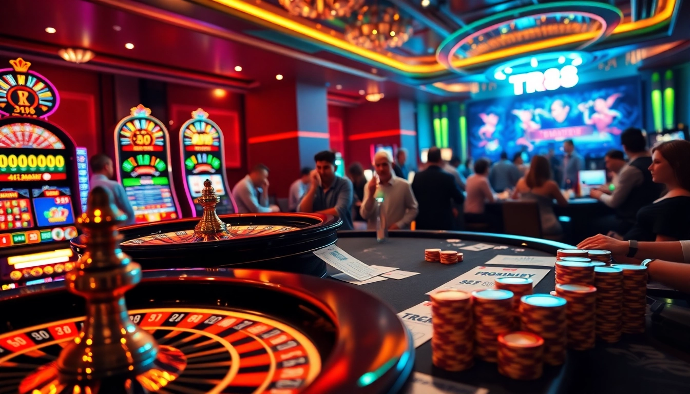 Players engaging with TR88-themed poker chips at a bustling casino table, capturing the excitement.