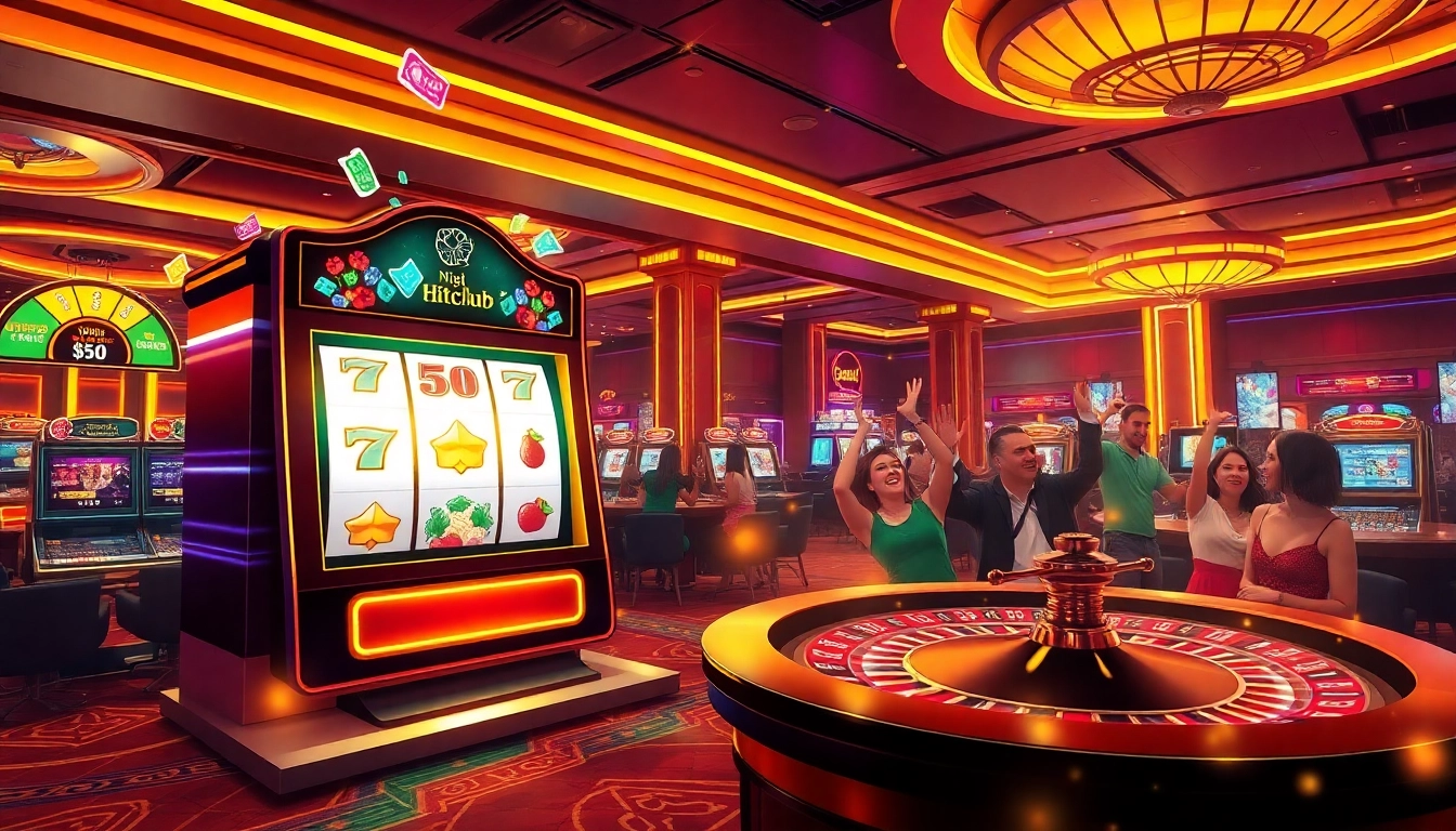 HITCLUB players celebrate big wins at a luxurious online gambling casino interface.