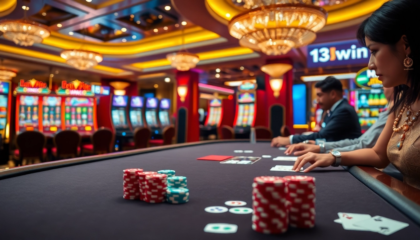 Thrilling poker action at 13Win casino with vibrant chips and luxurious ambience.