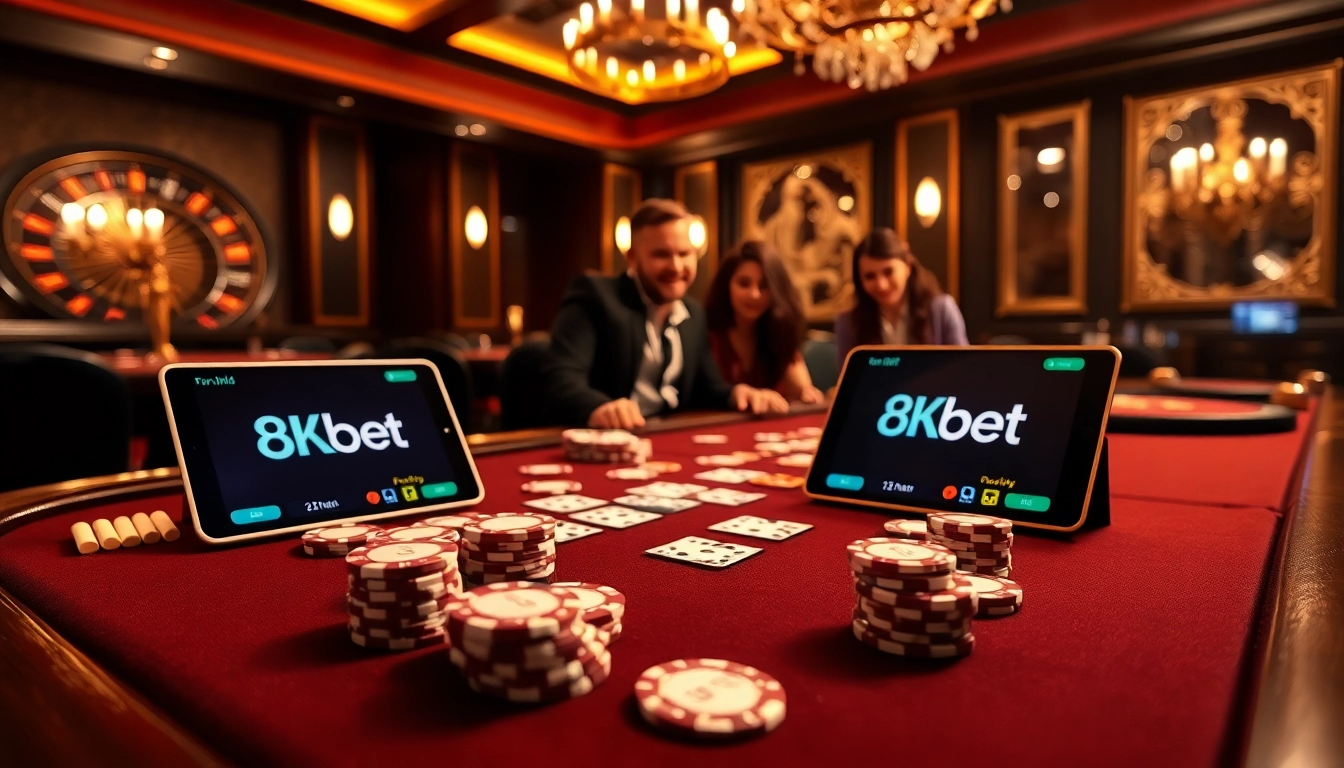 Exciting poker game scene with 8kbet branding, featuring luxury chips and cards in a casino.
