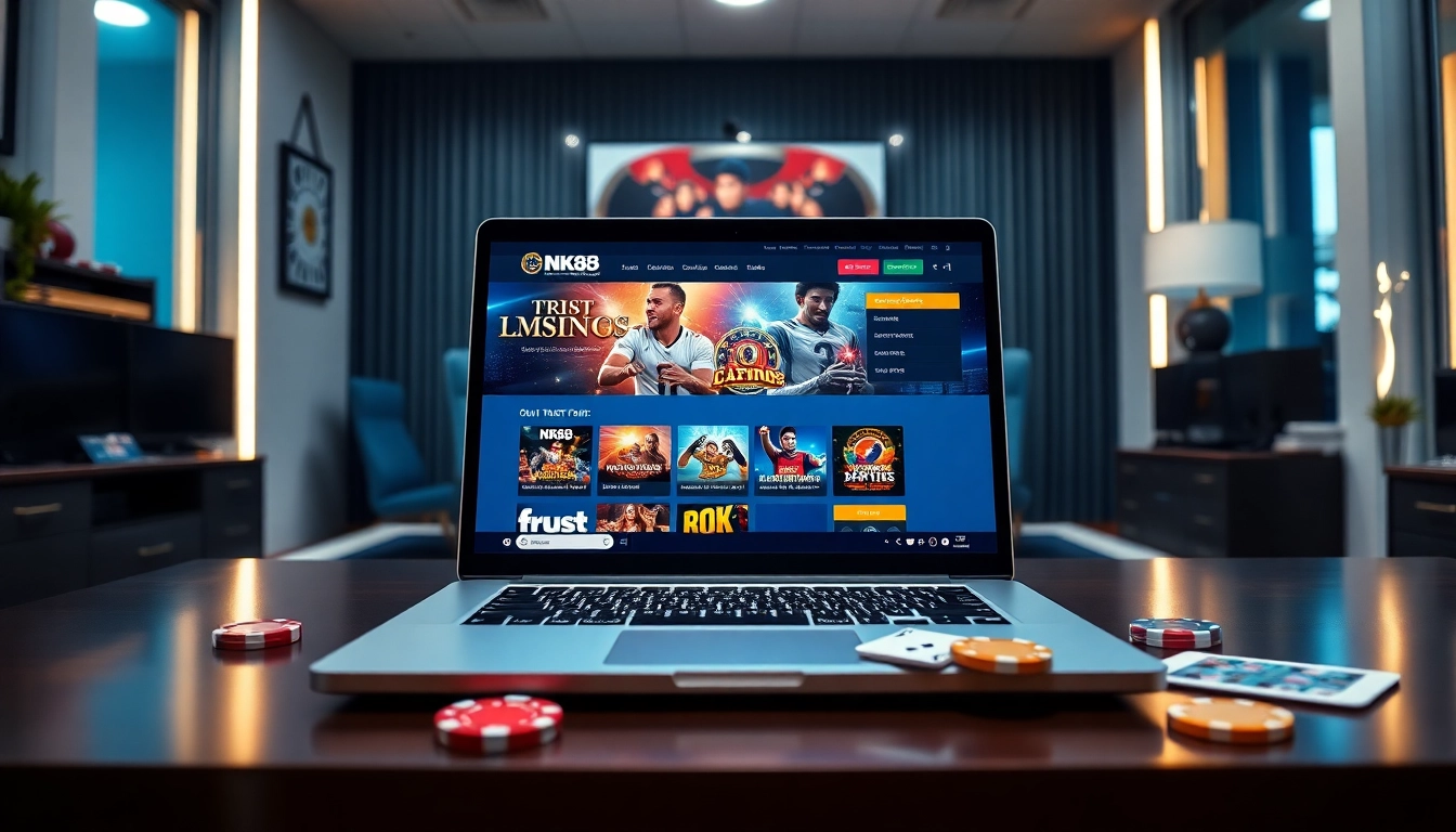 Engaging scene showing Nhà Cái NK88 online casino interface with vibrant gaming elements.