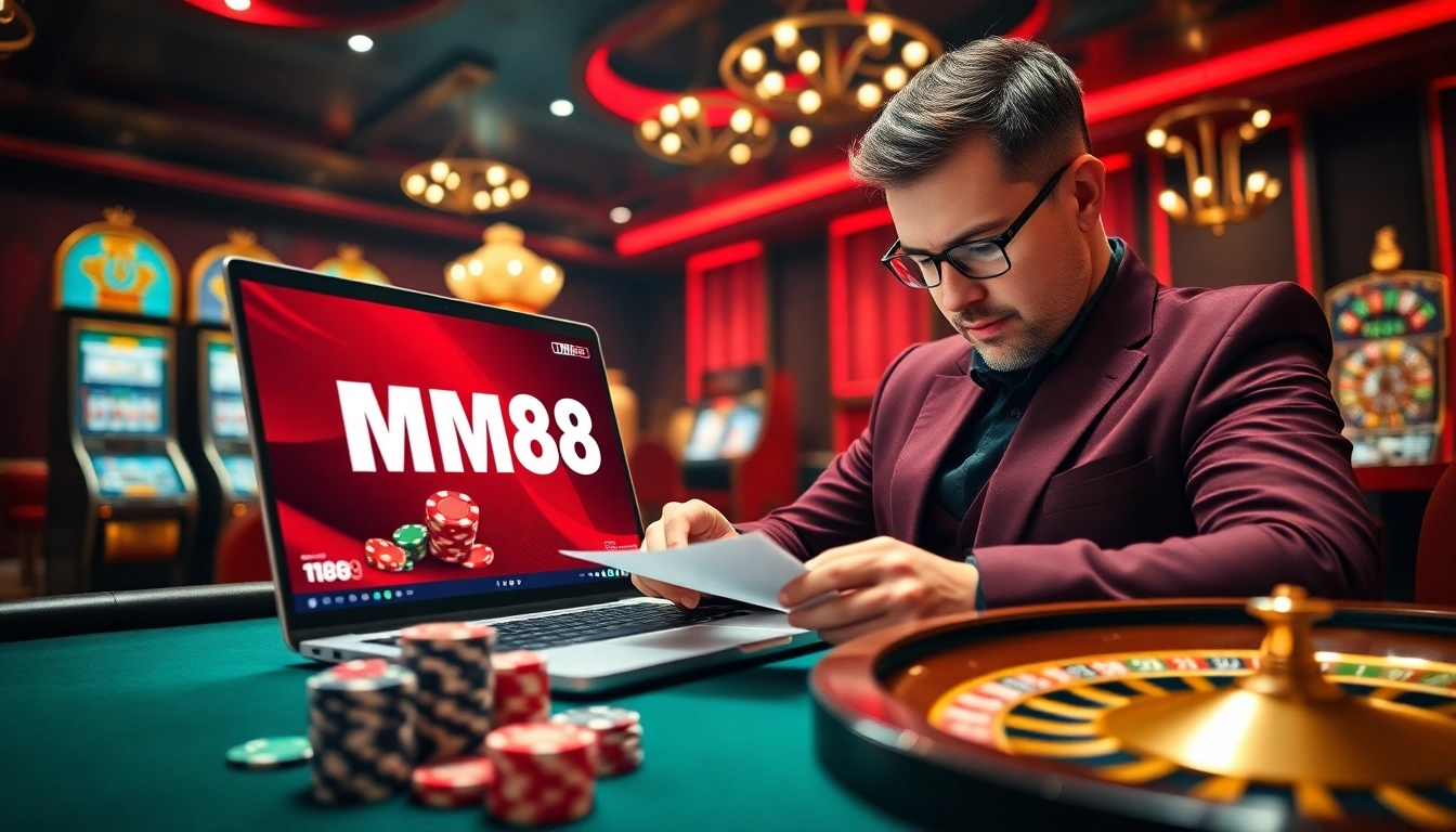 Engage in thrilling gambling at mm88 with a vibrant casino setting showcasing slot machines and poker chips.