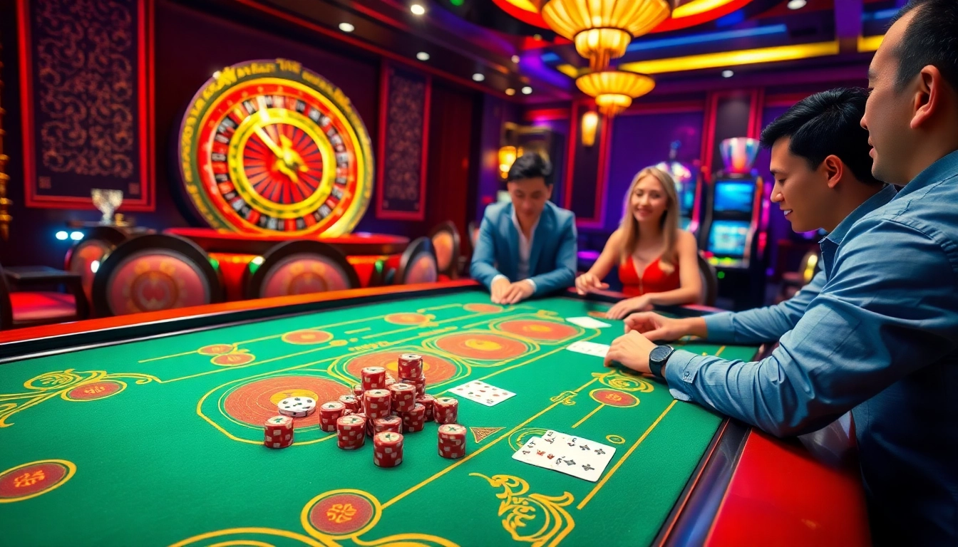Players enjoying go88 tài xỉu at a luxurious casino table with vibrant atmosphere.