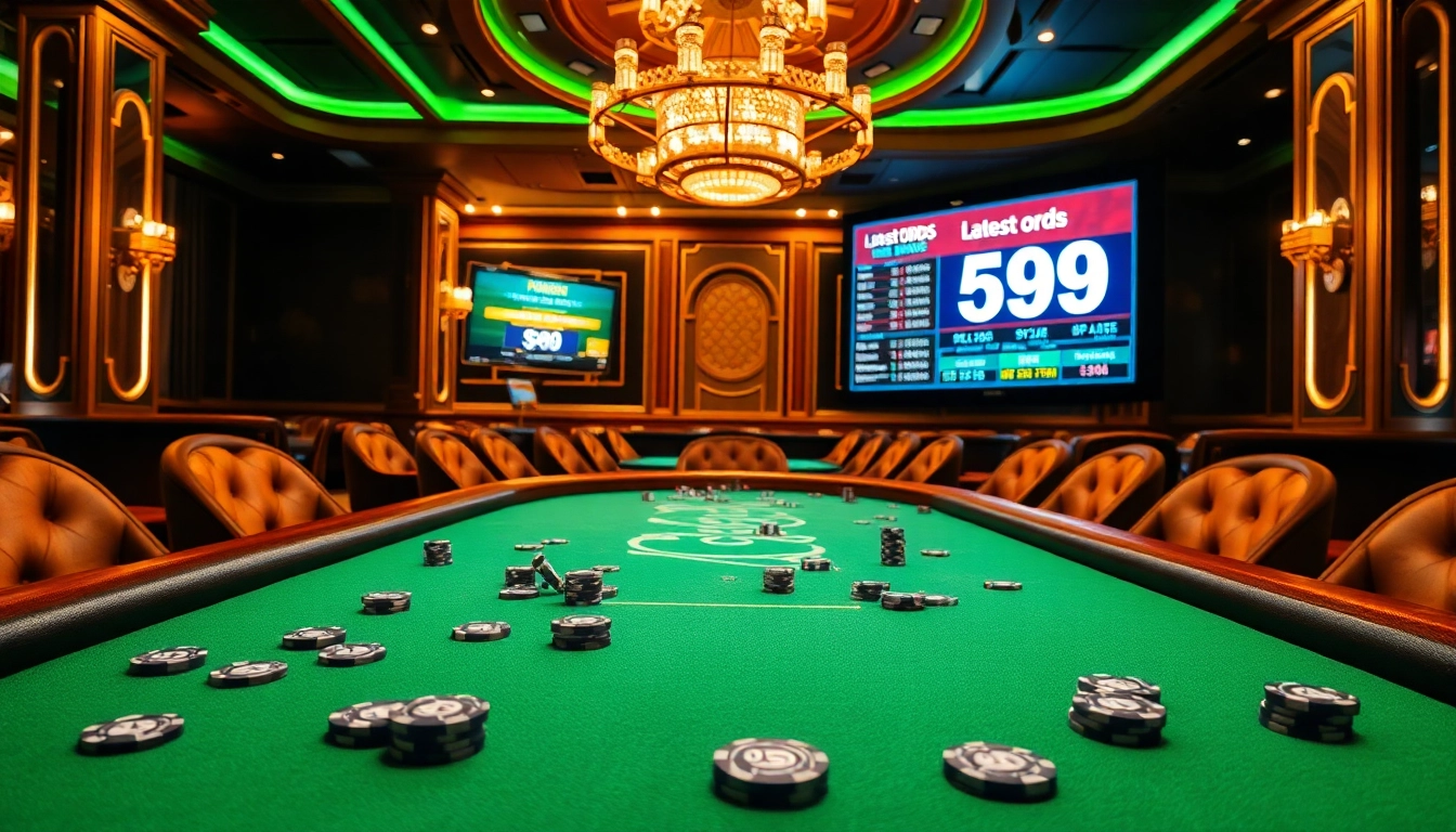 Experience the thrill of PS99 at an upscale casino with vibrant poker action and engaging digital displays.
