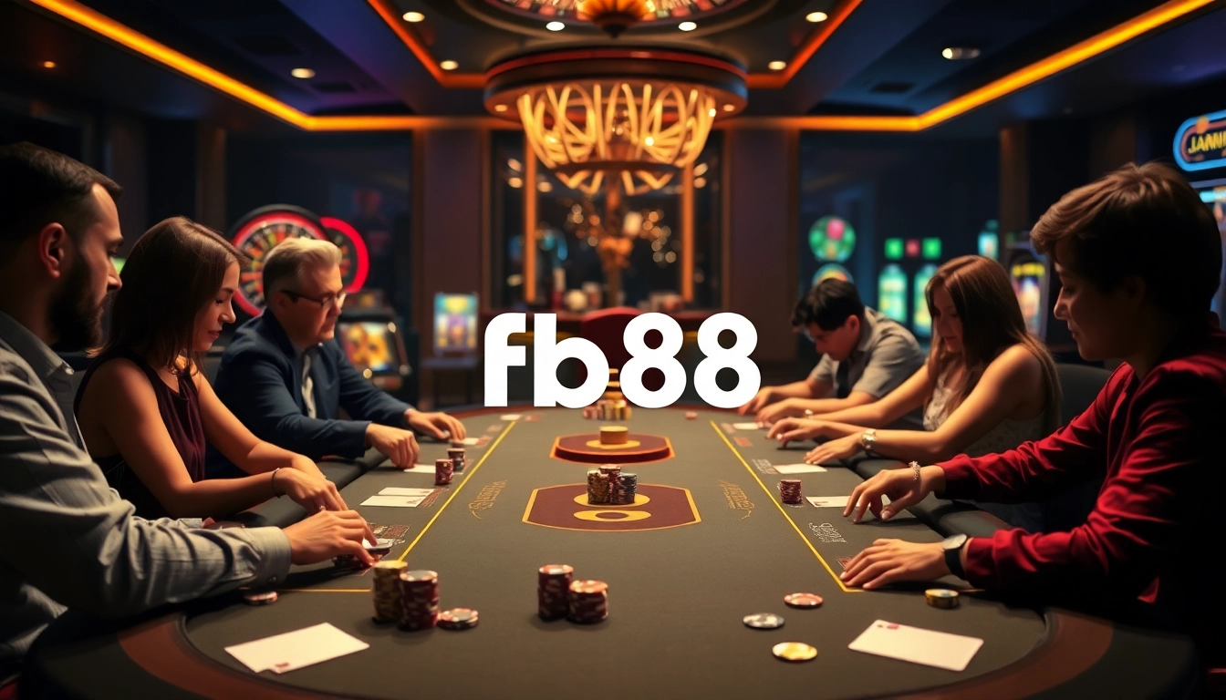 Engaged gamblers enjoying a thrilling game at Fb88's luxurious casino table with poker chips and cards.