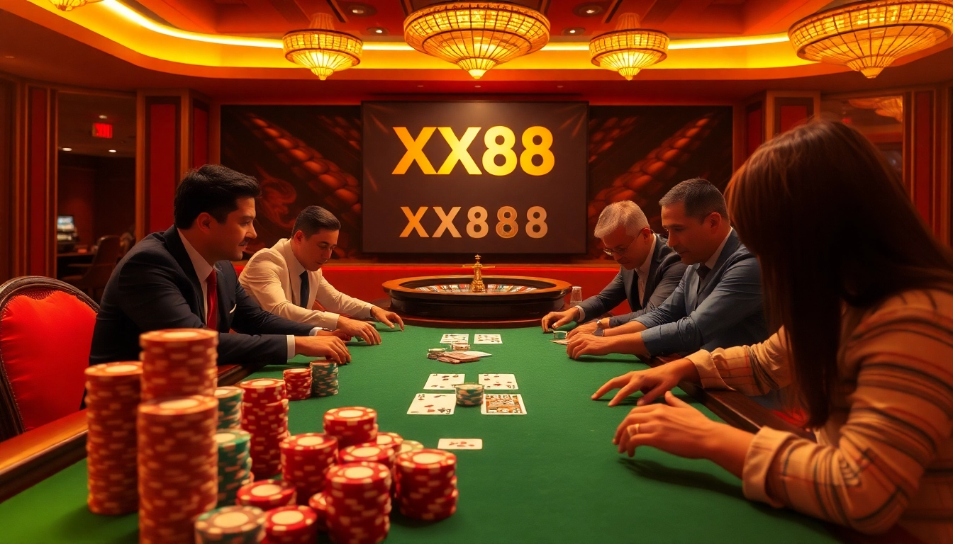 Players engaged in an exciting poker game at XX88, surrounded by vibrant casino elements and dynamic lighting.