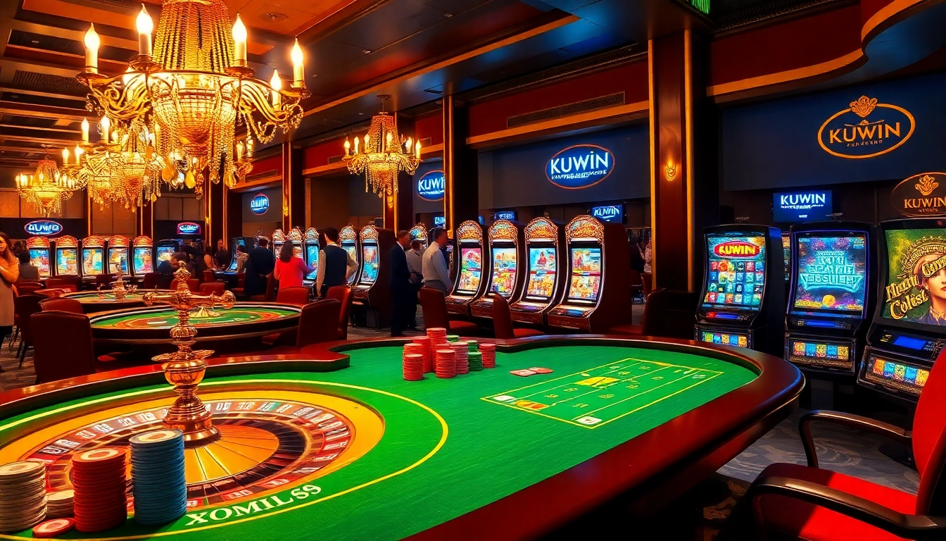 Kuwin casino scene with vibrant tables, colorful chips, and a roulette wheel showcasing excitement.