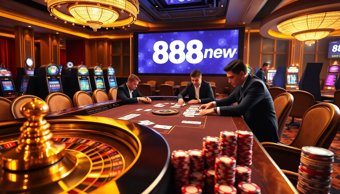 High-stakes poker table showcasing 888new, with professional players and vibrant chips.