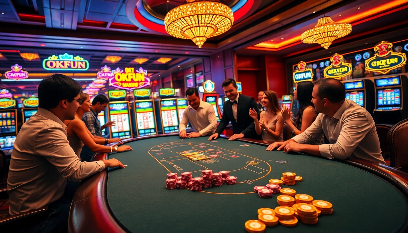 Engaged gamblers enjoying exciting games at the casino with OKFUN digital betting interface.