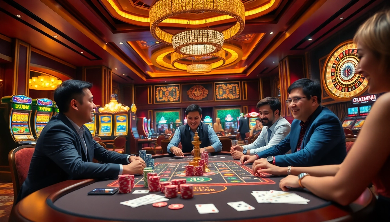 Excited players at the Trang Chủ 56WIN poker table in a vibrant casino atmosphere.