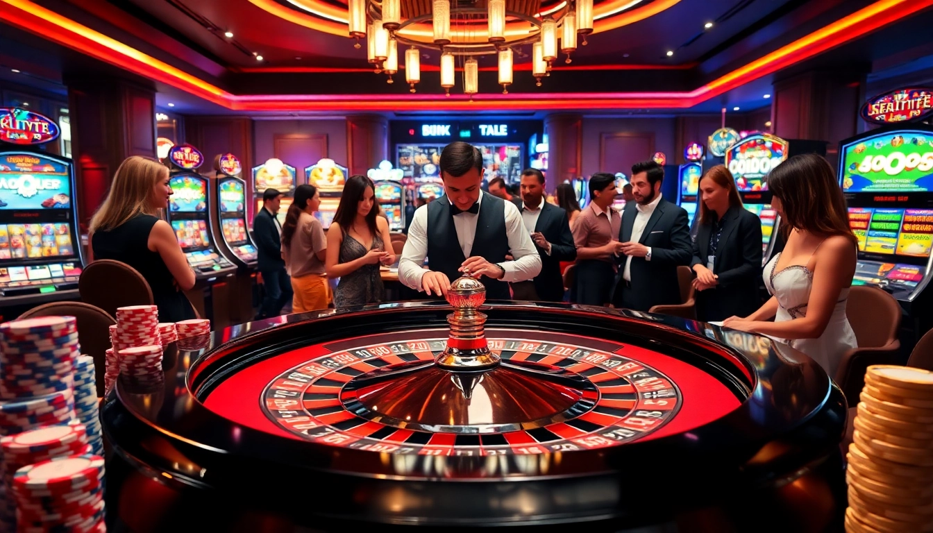 Exciting gaming scene at https://79king.osaka/ highlighting roulette, poker chips, and engaged players.