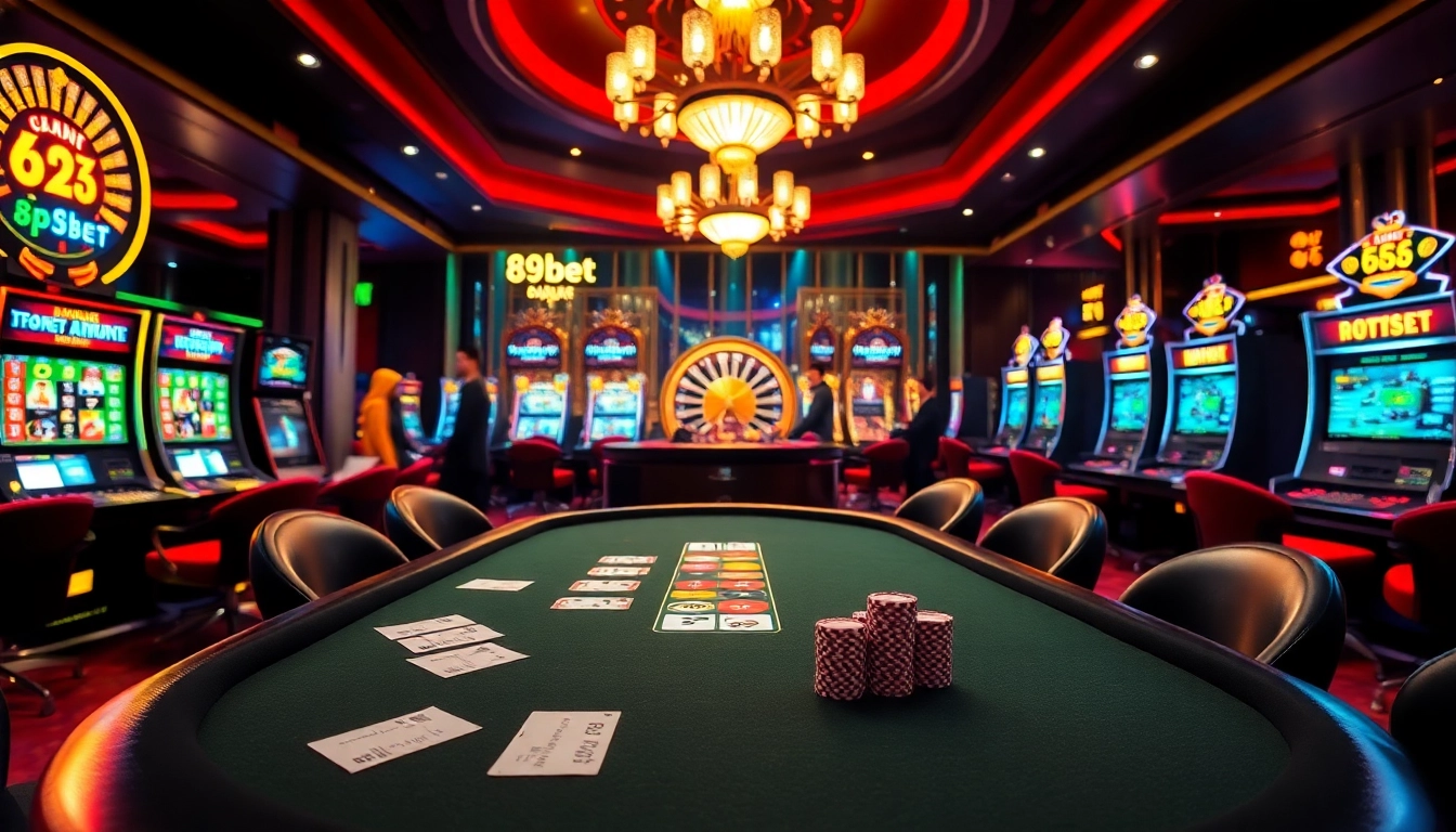 Players strategizing at a 89bet poker table in a vibrant casino atmosphere.