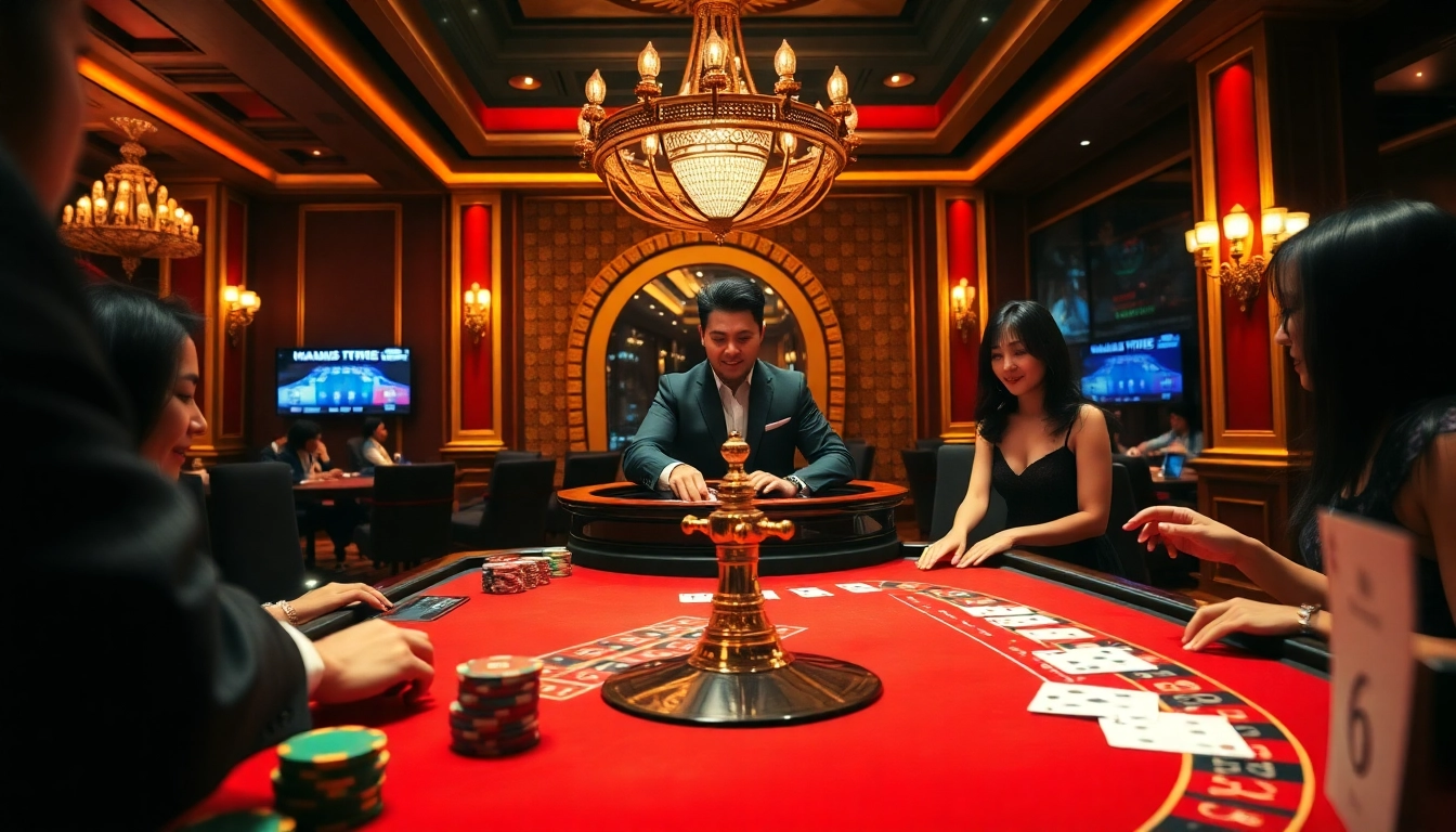 Experience the excitement of live gambling at TV88 with a vibrant casino scene featuring professional dealers.