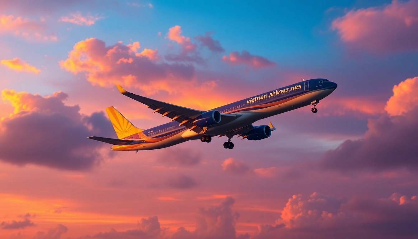 Vietnam Airlines VN168 flight taking off from Da Nang at sunset.