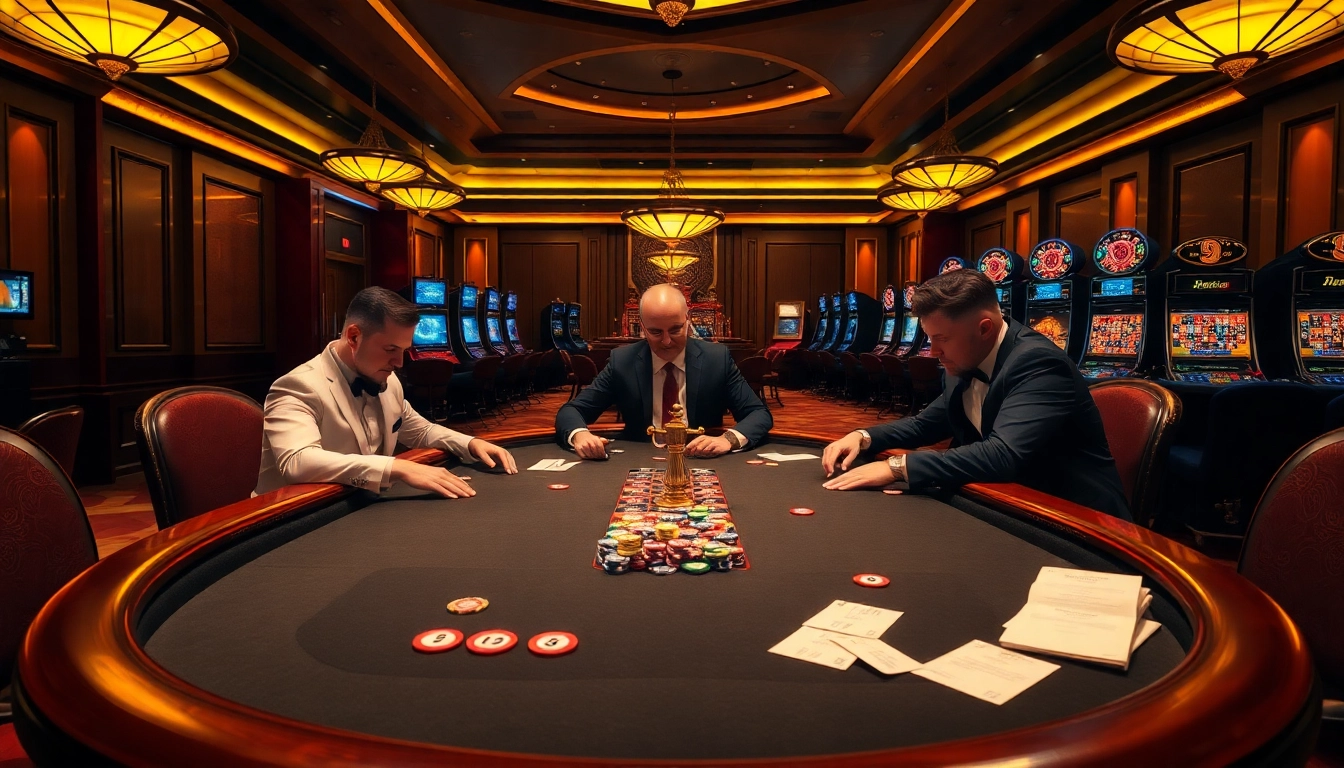 A vibrant poker scene at https://kjcpro.it.com/, featuring intense players, colorful chips, and a luxurious casino atmosphere.