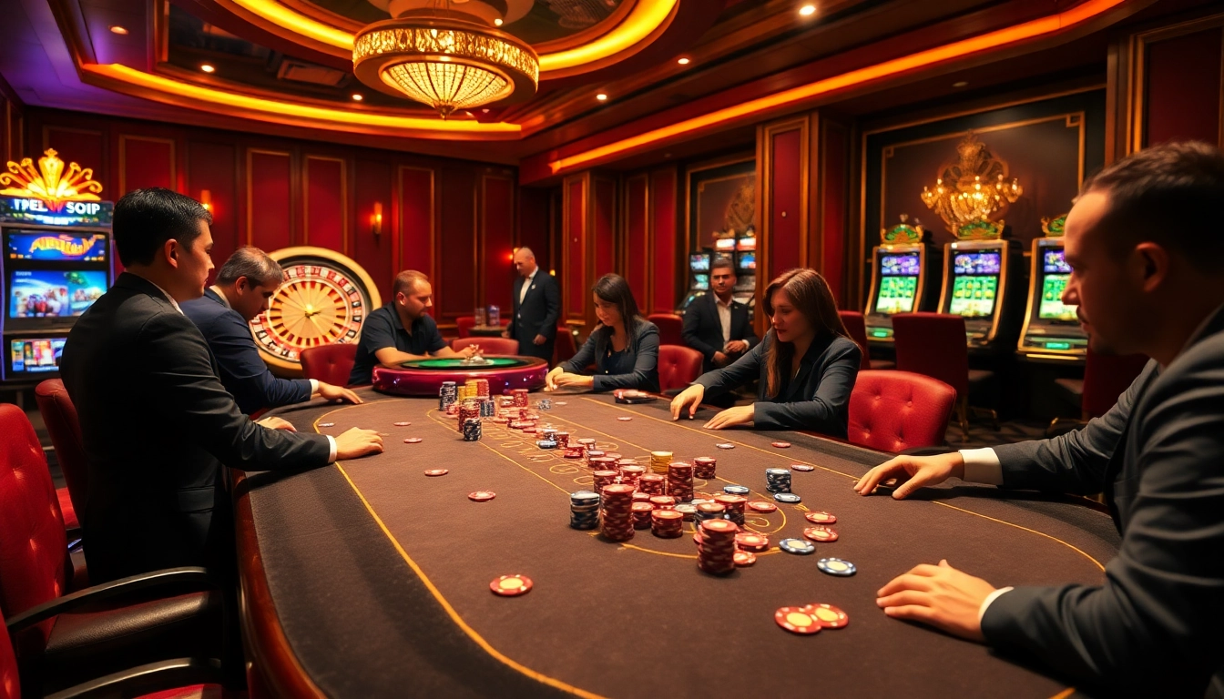 Players engaging in an exciting poker game at https://ok365vvip.com/ with vibrant casino elements.