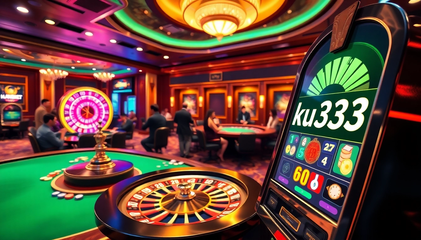 Players enjoying a thrilling game of poker at the casino while showcasing ku3933 on a slot machine.