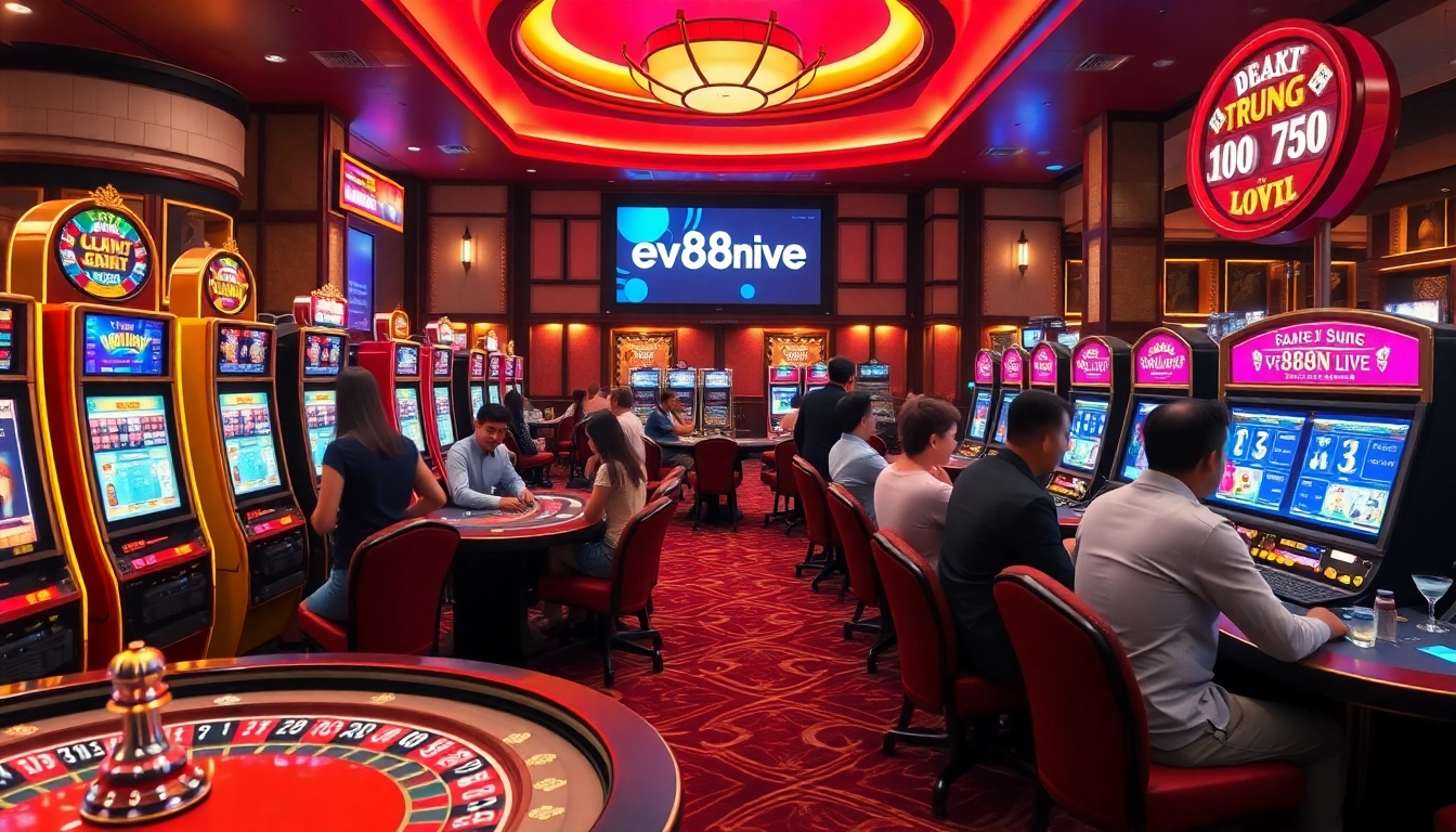 Dynamic online casino scene highlighting ev88win.live with engaged players and vivid games.
