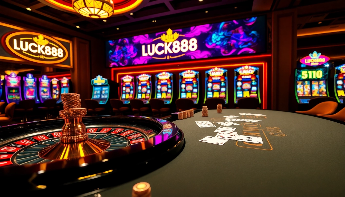 Experience the excitement of winning at LUCK888 with vibrant casino visuals filled with poker chips and slot machines.