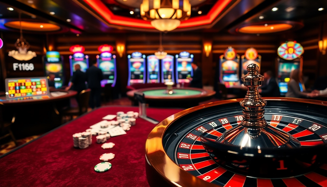 Engaging gaming scene with F168 focus on poker chips, cards, and roulette wheel in a luxurious casino.