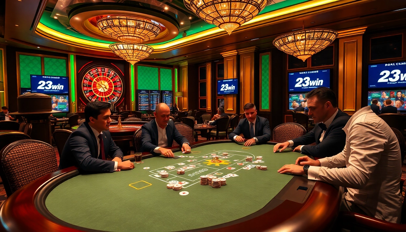 Players enjoying a dynamic poker game at 23win casino, surrounded by luxury and excitement.
