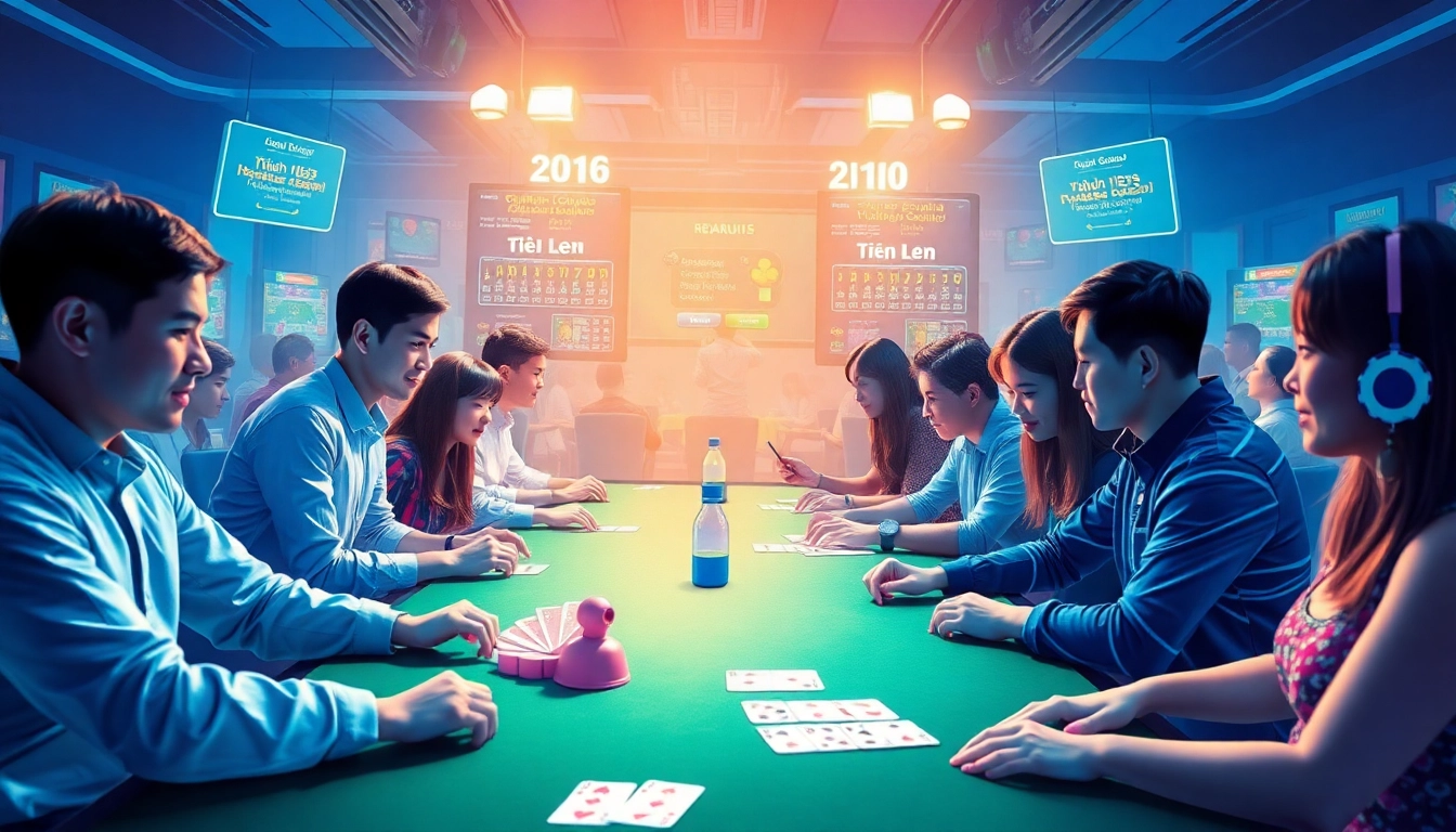 Engaging online gaming scene at gamebaidoithuong.com.vc, featuring diverse players enjoying card games and rewards.