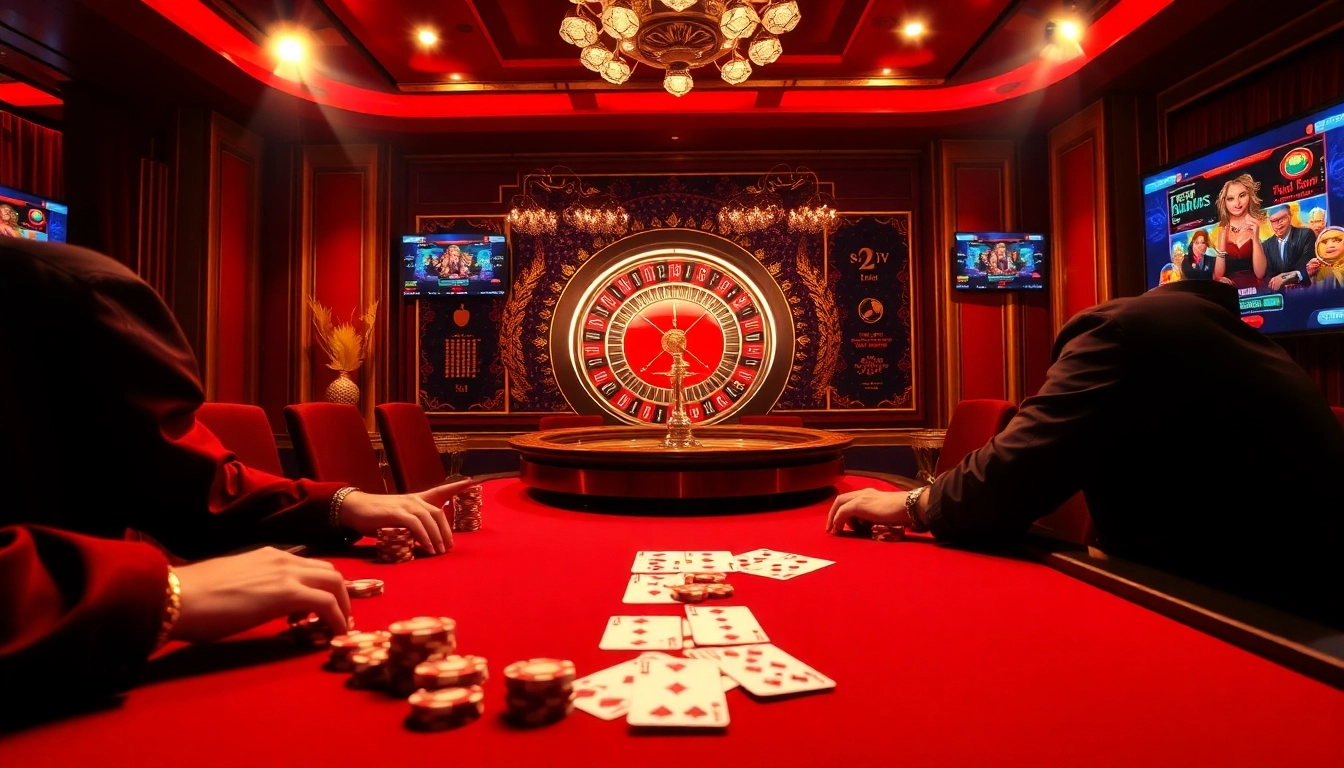 Engaging poker scene showcasing trang chu 98win excitement with players in action and vibrant casino elements.