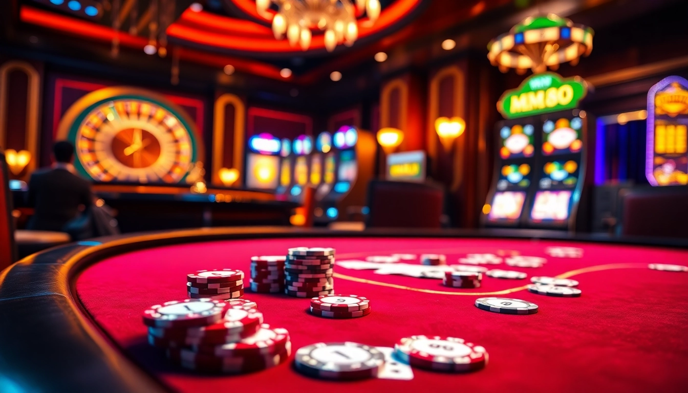 Experience thrilling gameplay at MM88 with a vibrant casino setting highlighting poker chips and cards.