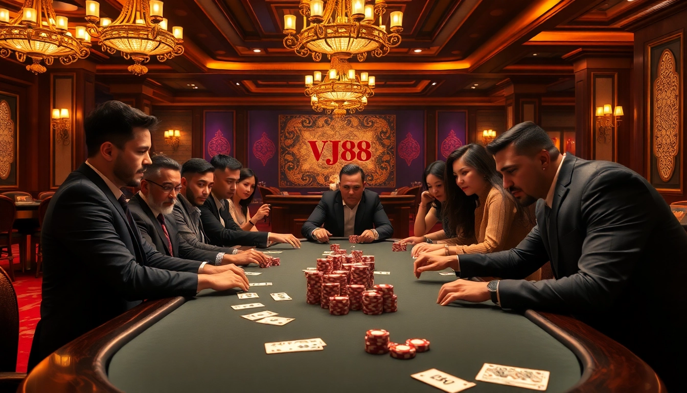 Players strategizing at a VJ88 poker table in a luxurious casino setting.