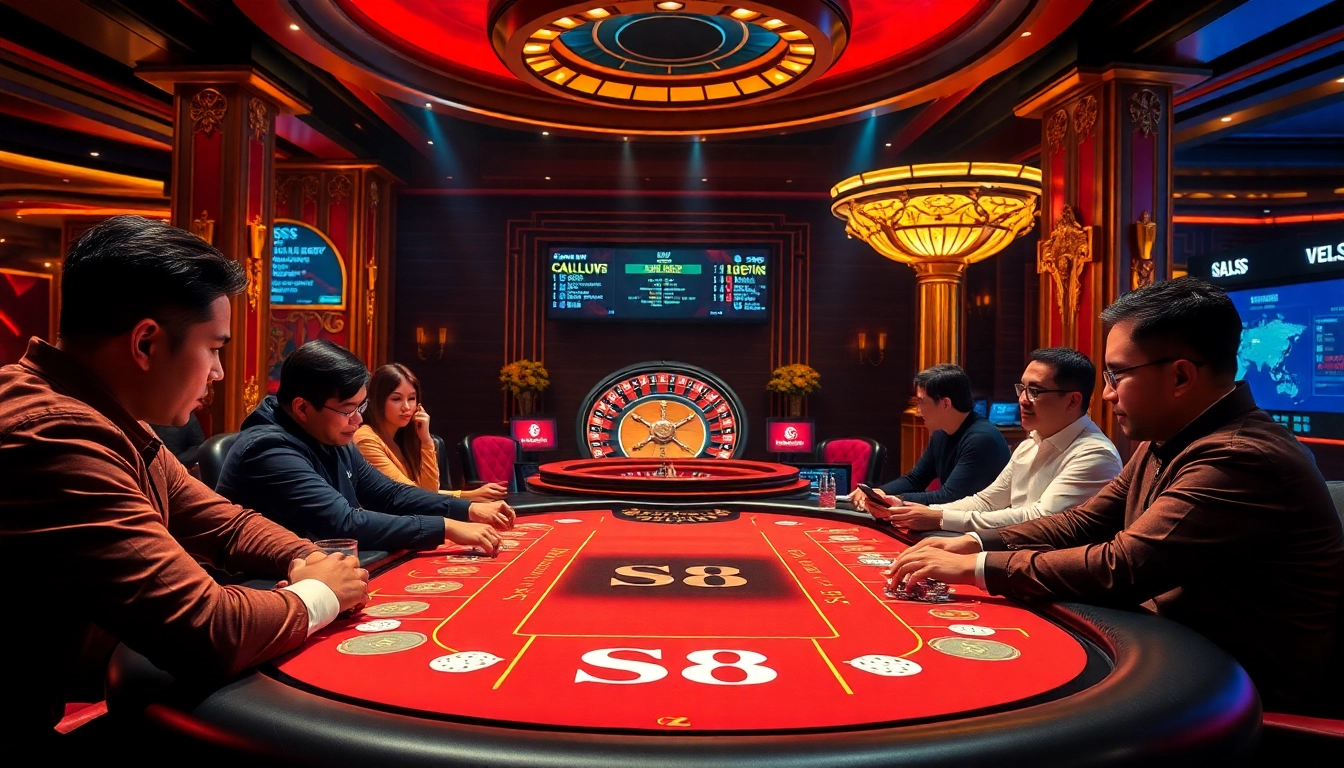 S8 casino players enjoying an exciting poker game with vibrant colors and luxurious setting