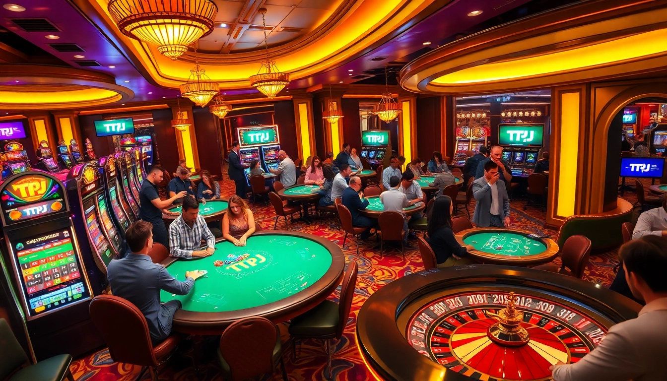 Gamblers engaging intensely at a vibrant casino, with TPJ branding enhancing the luxurious experience.