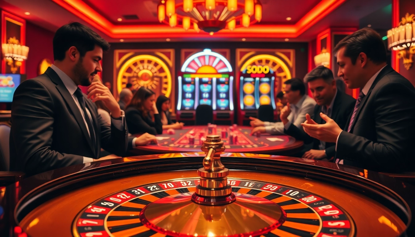 SODO-themed casino scene with intense poker players and vibrant roulette table action.