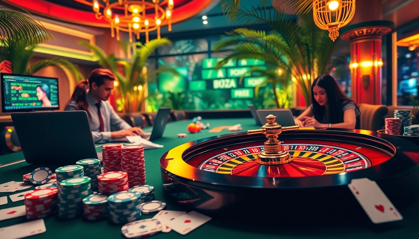 Engage with link vào 8xbet in a luxury online casino setting with poker chips and roulette wheel.