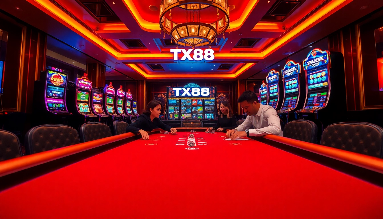 High-stakes gaming at a casino table with TX88 branding on chips and vibrant slot machines.