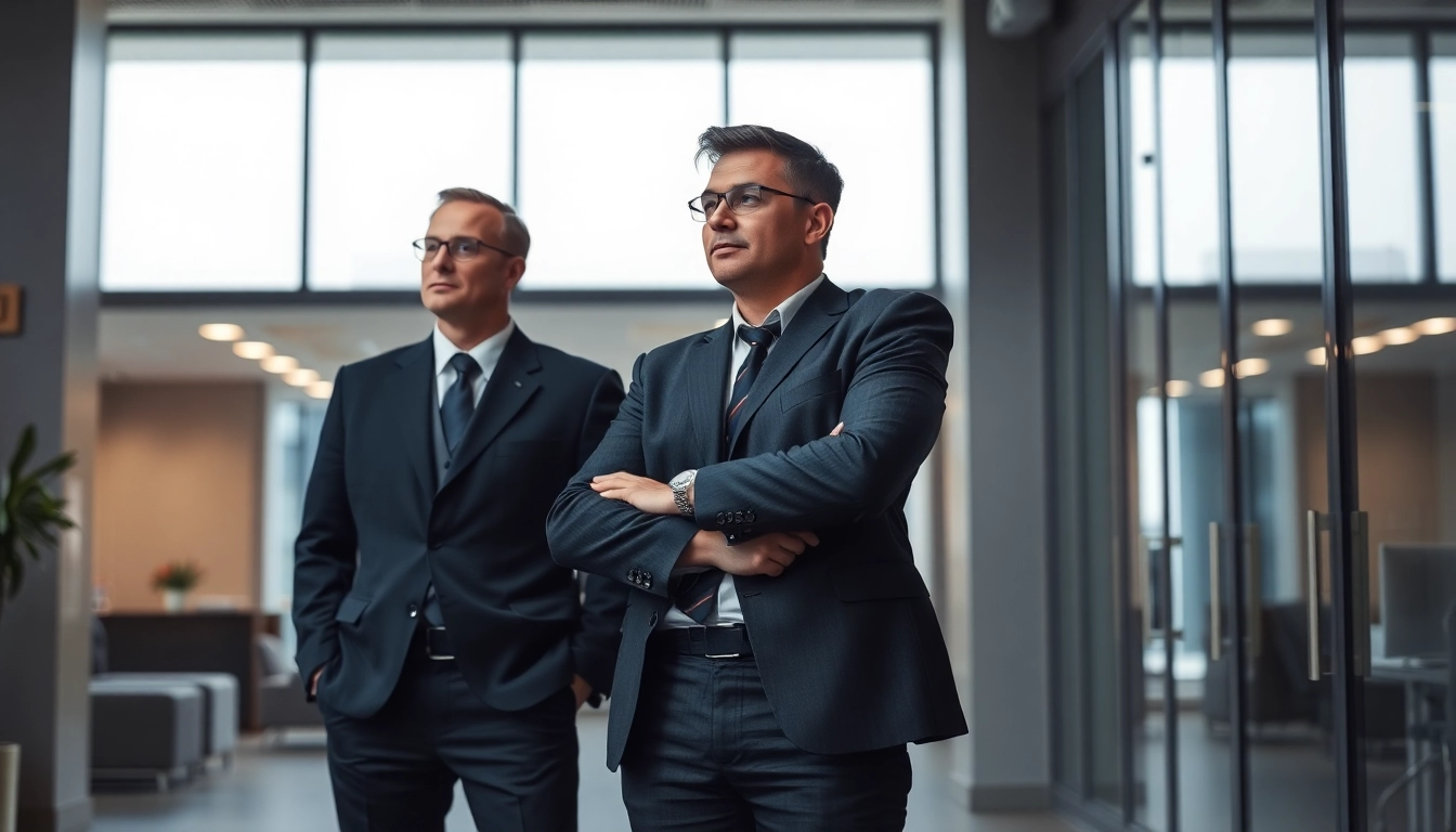 Personal security personnel standing guard in a modern office, ensuring safety and vigilance.