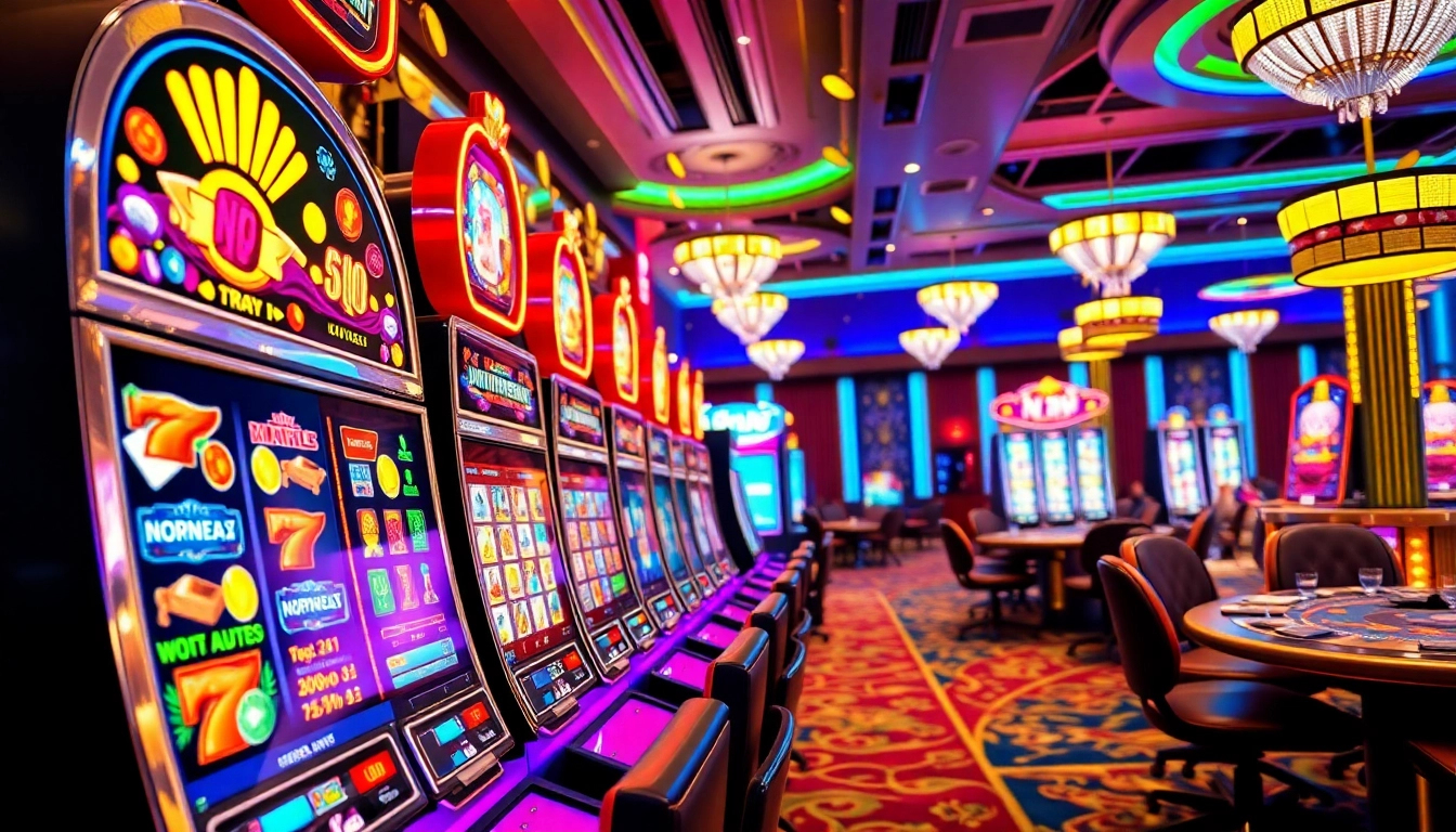 A dynamic casino scene featuring players engaged in the nổ hũ game at vibrant slot machines, capturing the excitement of gameplay.