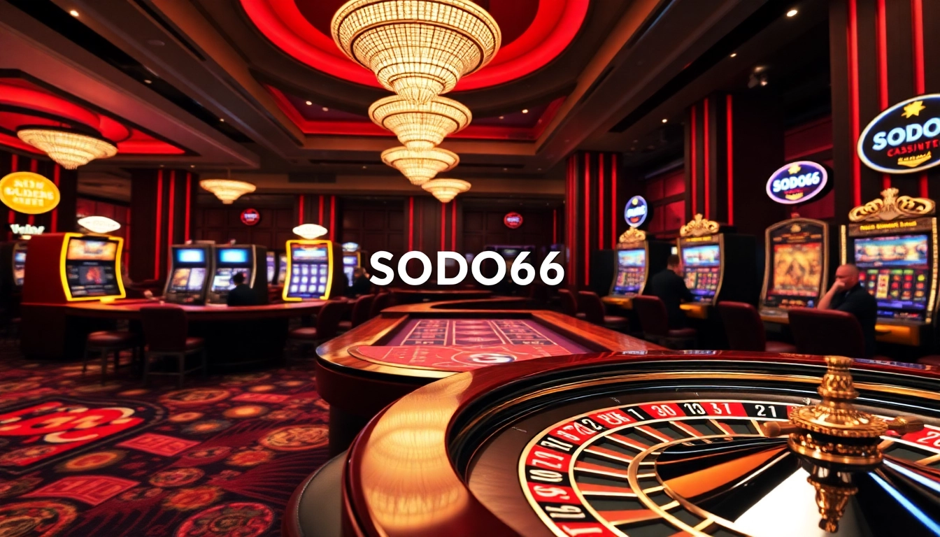 SODO66 casino scene featuring poker, roulette, and vibrant slot machines in a luxurious setting