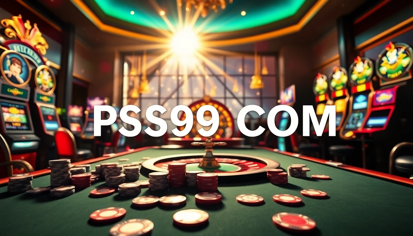 This casino scene showcases players engaged in thrilling decisions, highlighting PS99 COM poker chips and vibrant slot machines.
