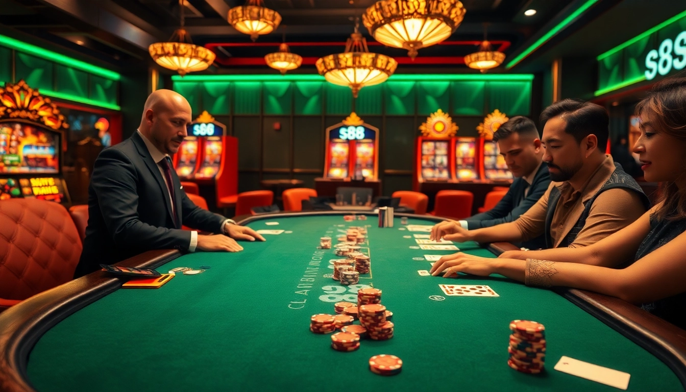Engaged players at a luxury casino blackjack table featuring s88 betting chips.