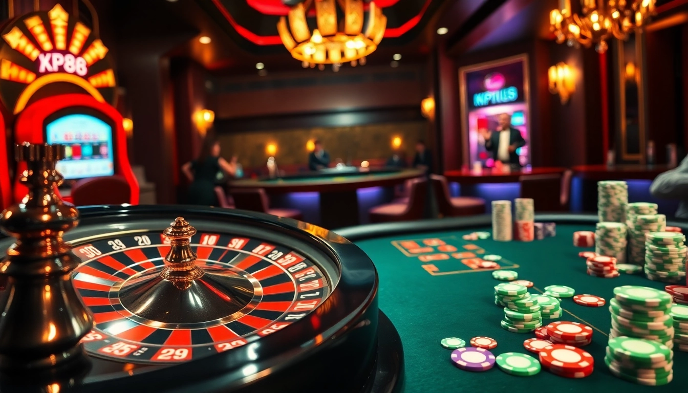 Exciting players enjoy gambling at a KP88 slot machine amidst a luxurious casino atmosphere.