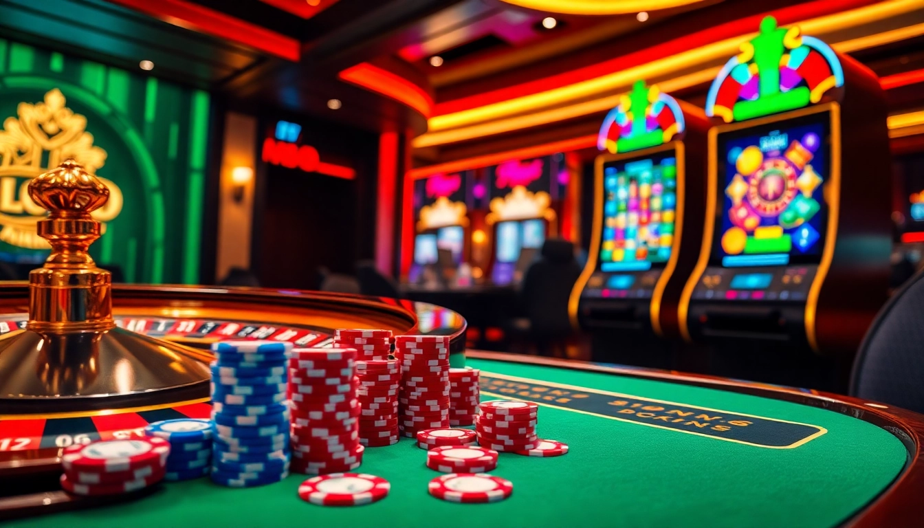 mm88 showcases an exciting online casino scene with vibrant slot machines and poker chips.