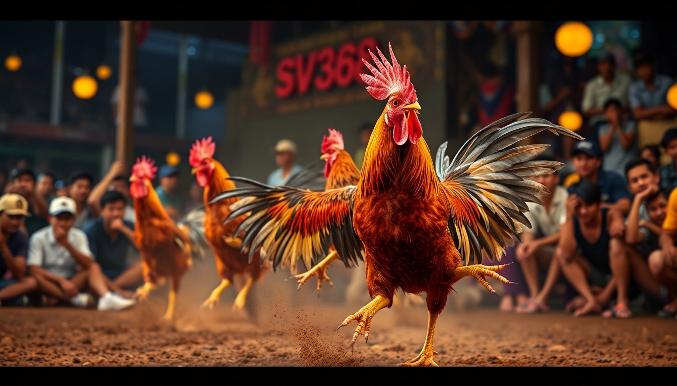 Live cockfighting at SV368, showcasing vibrant colors and dynamic action, attracting sports fans.