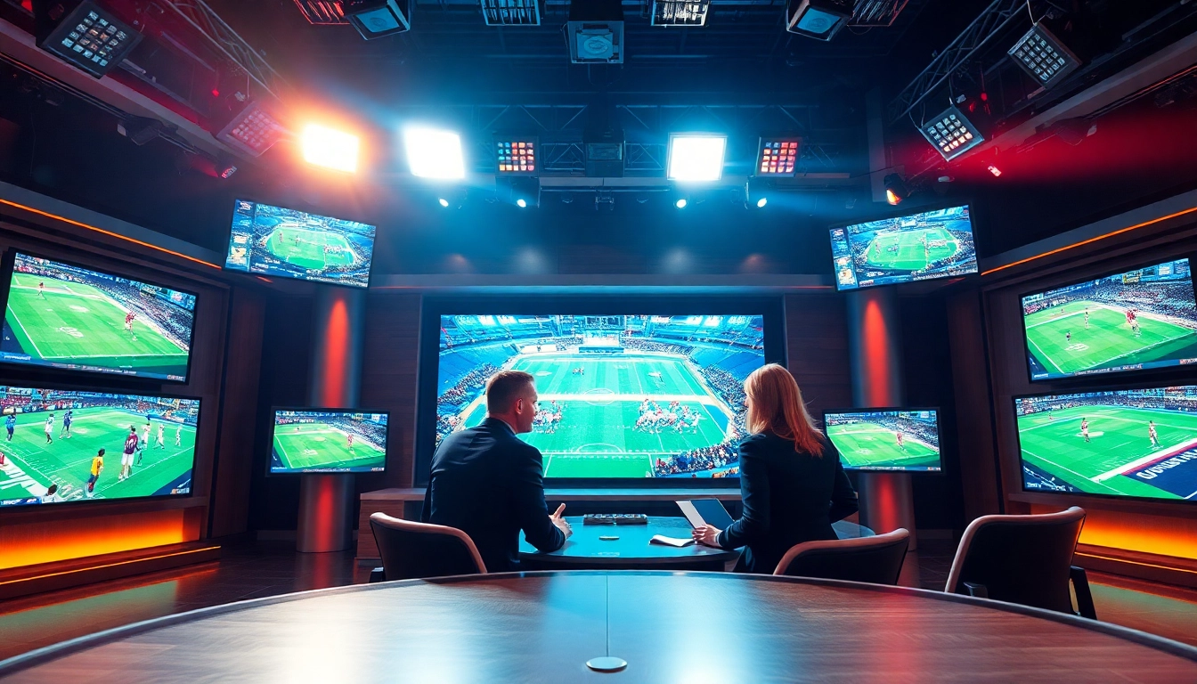 Engaging sports broadcasting scene with energetic hosts in a vibrant studio setting.