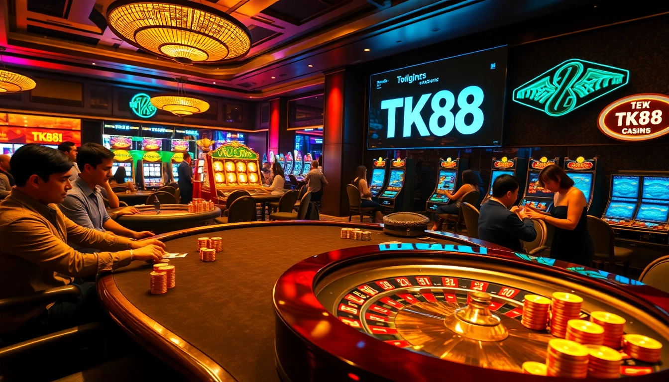 Players strategizing at a poker table in a luxurious casino featuring TK88 themed decor.