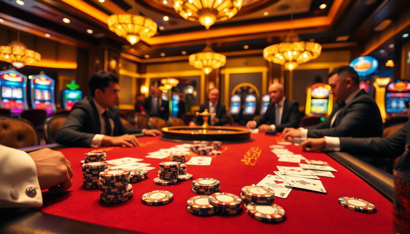Exciting poker game featuring g88 poker chips at a luxurious casino table.